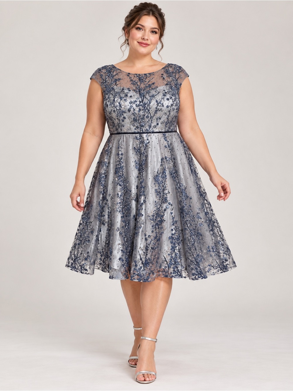 Silver & Navy Floral Sequin Fit-and-Flare Dress Size 18